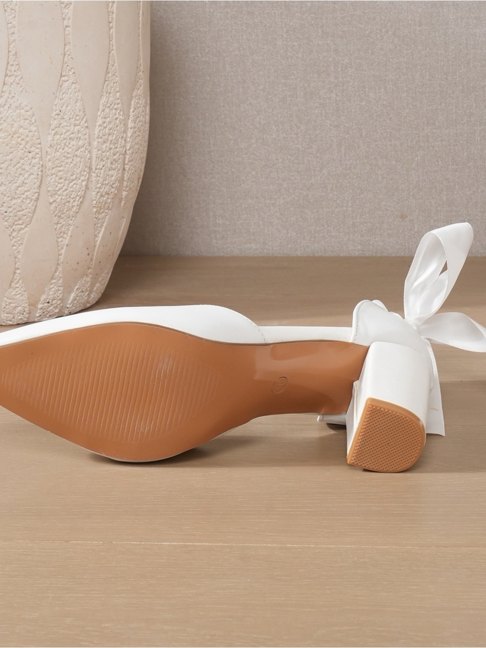White Satin Block Heel Pumps with Ribbon Tie